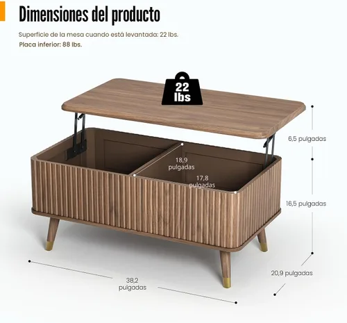 Miniatura 2 de JOINICE - Mesa auxiliar rectangular con tapa elevable para sala de estar u oficina en casa, con almacenamiento, diseño acanalado, estilo moderno