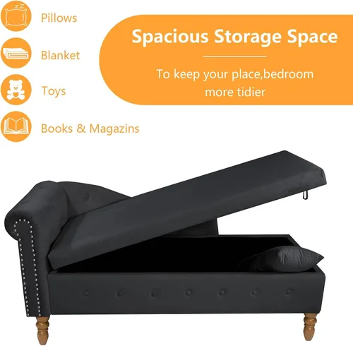 Miniatura 4 de Aoowow Banco de almacenamiento de terciopelo para dormitorio, extremo de la cama, sofá con brazo enrollado, tumbona para interiores con Negro 58