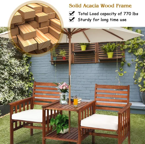 Miniatura 6 de Tangkula Sofá biplaza de madera de acacia, juego de 3 sillas de mesa para exteriores, juego de conversación de patio con mesa auxiliar y cojines