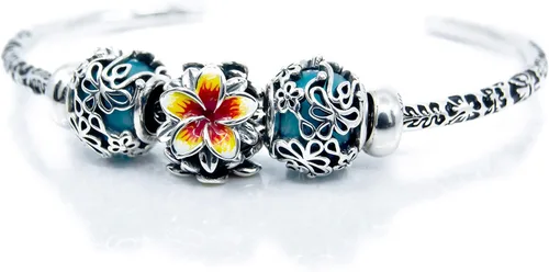 Miniatura 6 de Flor tropical roja y amarilla Plumeria Frangipani Flower Sterling Silver Charm Bead S925, Flor tropical hawaiana, flor tropical floreciente, flor