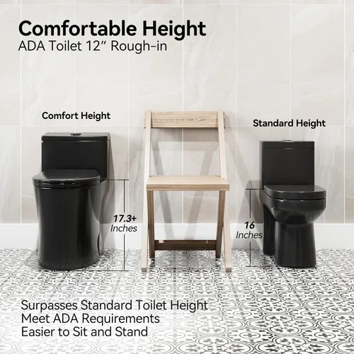 Miniatura 5 de HOROW T0338WB Inodoro Alargado de Una Pieza Negro, Inodoro Compacto Moderno con Altura de Asiento Cómoda, Altura de Silla ADA 17.3", Descarga Doble