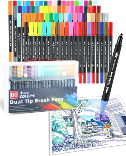 AEDAGA Bolígrafos de punta doble de 80 colores, punta de fieltro fino y puntas de pincel, bolígrafos de colores para adultos, marcadores de colorear