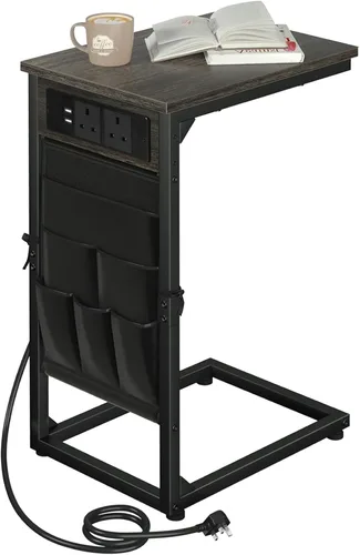 Miniatura 9 de AMHANCIBLE - Mesa auxiliar en forma de C con estación de carga, juego de bandeja para TV de 2 piezas, mesas de sofá con bolsa de almacenamiento