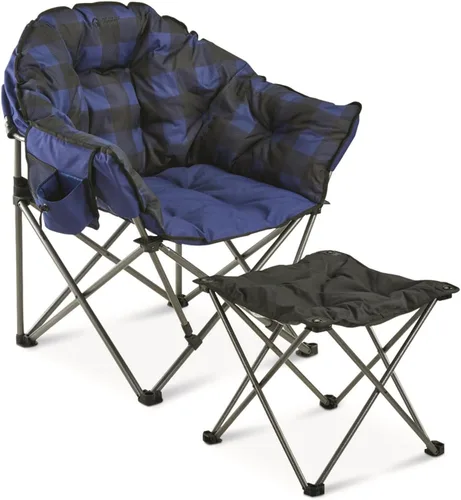 Miniatura 3 de Guide Gear Silla de campamento Club, de gran tamaño, portátil, plegable con asientos acolchados, capacidad de 500 lb. Azul a cuadros