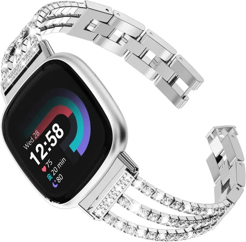 Miniatura 10 de FULLIFE Compatible con Fitbit Versa 3/Fitbit Versa 4 con diamantes de cristal, correa de acero para Fitbit Sense/Fitbit Sense 2 para mujer