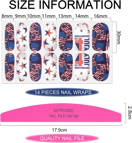 Miniatura 7 de Paquete de 16 hojas de esmalte de uñas para el Día de la Independencia, tiras de esmalte de uñas de gel autoadhesivas, con bandera estadounidense