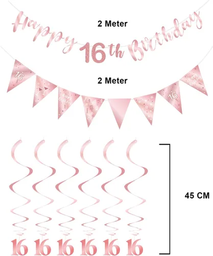 Miniatura 3 de Decoración de cumpleaños número 16 de oro rosa para niñas, pancarta de feliz cumpleaños 16, remolinos de banderines, pancarta de bandera triangular