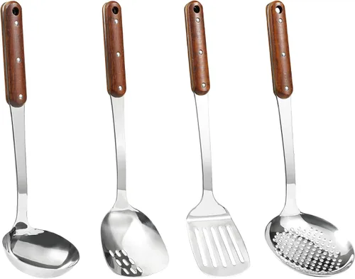 FJNATINH Juego de espátulas de wok de acero inoxidable, espátulas ranuradas, cucharón, herramienta de cucharón espumadera, utensilios de cocina