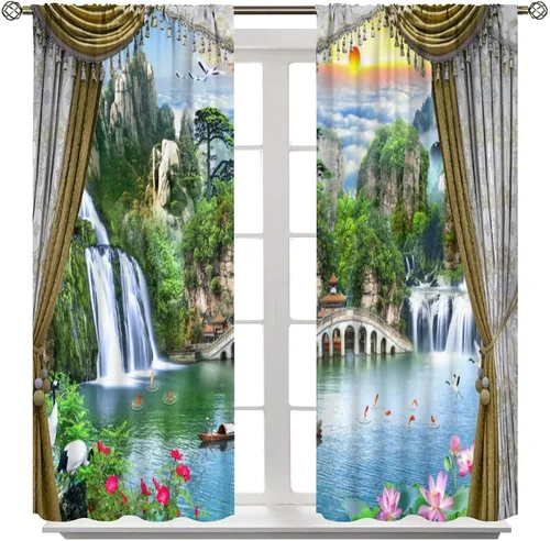 Miniatura 8 de Cortinas de ventana de cascada 3D, paisaje natural, cascada junto al lago, estampado de bosques verdes, decoración del hogar, dormitorio, sala