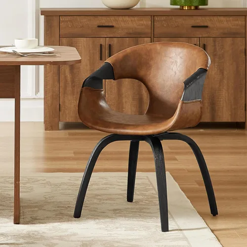 Miniatura 15 de Zouron Silla de comedor moderna de mediados de siglo, silla tapizada de piel sintética con reposabrazos, silla decorativa con patas de madera
