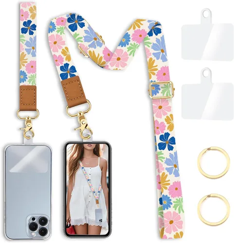 Miniatura 22 de Cordón cruzado para teléfono celular con correa para la muñeca, diseño de flores, para colgar alrededor del cuello, correa floral ajustable