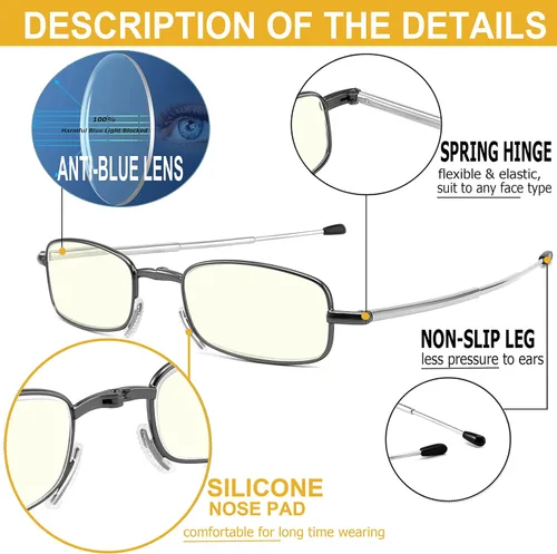 Miniatura 4 de Folding Reading Glasses Blue Light Blocking, Soft Nose Pad Spring Hinge Portable Thin Readers for Men Women 3 Pack