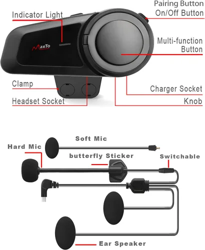Miniatura 4 de Auriculares Bluetooth para motocicleta, MaxTo M2, casco de motocicleta Bluetooth5.0, 6 vías 3280 pies, sistema de comunicación de intercomunicación