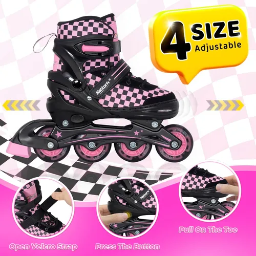 Miniatura 4 de Nattork Patines en línea ajustables para niños y adolescentes, ruedas iluminadoras, patines con diseño de tablero de ajedrez para niños y niñas Rosa
