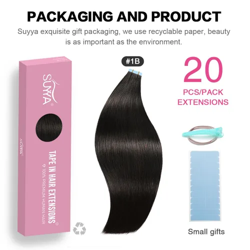 Miniatura 2 de SUYYA - Extensiones de cabello humano adhesivas; extensiones adhesivas de cabello humano de color negro natural, invisibles, lacias y sin costuras