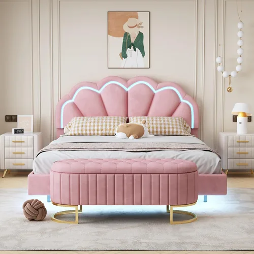 Miniatura 7 de CALABASH Banco otomano de almacenamiento rosa para el extremo de la cama, patas doradas, banco moderno de terciopelo con botones, acolchado tapizado