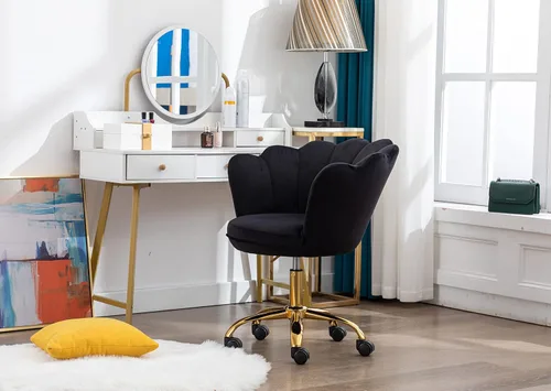 Miniatura 6 de Cómoda silla de trabajo para oficina en casa con ruedas, bonita y moderna tapizada de terciopelo con respaldo de concha, silla de escritorio