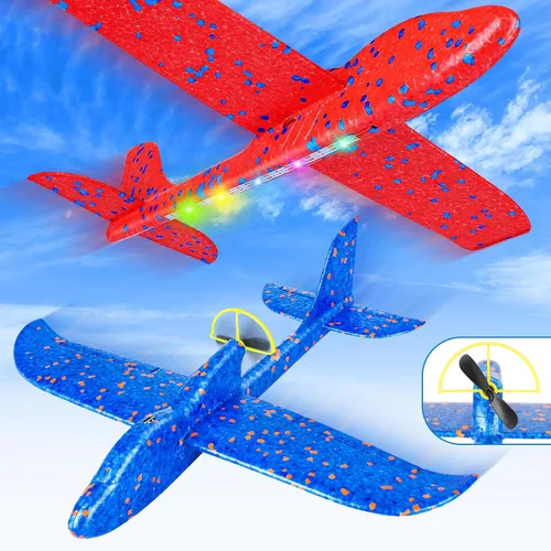 Fuwidvia Juguete de Avión de Espuma Eléctrico, Paquete de 2 LED 15/25s Juguete de Avión para Niños, Juguete Volador al Aire Libre Regalos de