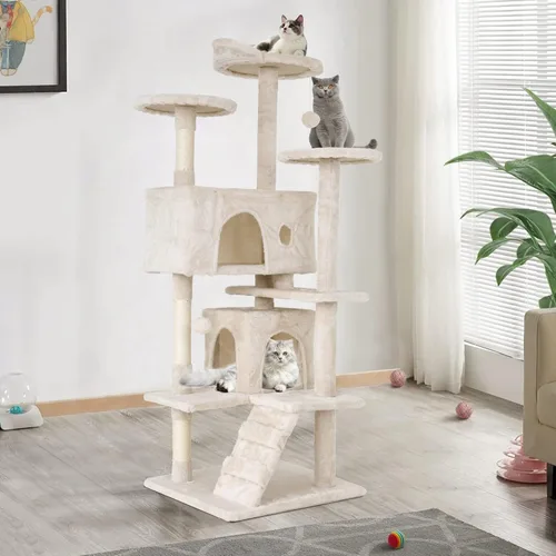 Miniatura 14 de Árbol para gatos resistente con torre de 70 pulgadas de alto, 3 perchas y 2 condominios acogedores, poste de sisal y escaleras para gatos grandes