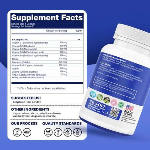Miniatura 4 de Nutra Wave Super B Complex Vitaminas para mujeres y hombres, alta potencia B1 B2 B3 B5 B6 B7 B9 B12 con colina y mio-inositol, energía y apoyo