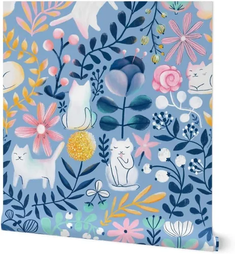 Spoonflower Papel tapiz para despegar y pegar, papel tapiz extraíble personalizado de gatos de primavera con diseño de gatos florales