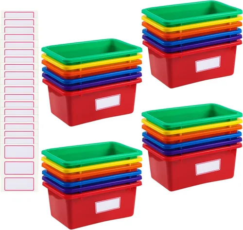 Outus Paquete de 24 contenedores de plástico para libros para el aula, contenedores organizadores de juguetes de colores para niños, con 120 Color