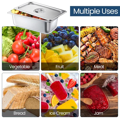 Miniatura 6 de Zubebe Paquete de 16 sartenes de hotel con tapa, mesa de vapor de 4 pulgadas de profundidad, acero inoxidable de 0.035 in de grosor, sartenes