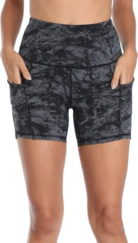 Miniatura 5 de Oalka Pantalones cortos de yoga para mujer, con bolsillos laterales, cintura alta, para entrenamiento, correr, deportes, 4 pulgadas