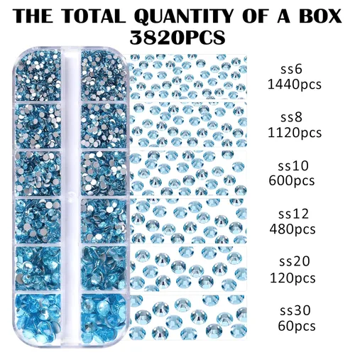 Miniatura 4 de 3820 diamantes de imitación de parte trasera plana aguamarina para deslumbrar, kit de diamantes de imitación pequeños de 0.079 a 0.236 pulgadas
