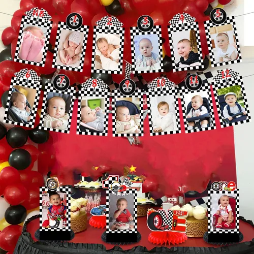 Miniatura 7 de Decoración de fiesta de primer cumpleaños, auto de carreras, 12 meses de hitos mensuales, cartel de fotos de bebé para primer año de dibujos