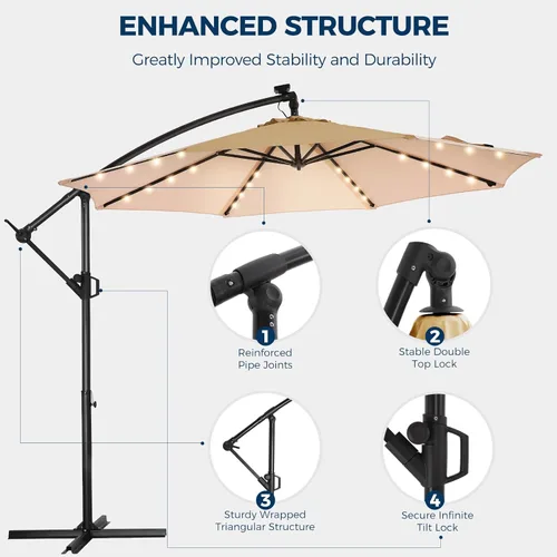 Miniatura 7 de HOMSHADE - Sombrilla de patio de 10 pies con luces solares, voladiza, con luz y base, sombrilla colgante para exteriores con protección UV UPF50+