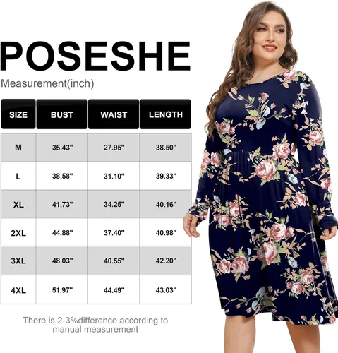 Miniatura 6 de POSESHE Vestidos de talla grande para mujer, manga larga, cuello redondo, vestidos casuales de cintura imperio, vestido suelto con bolsillos
