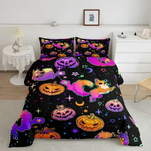 Miniatura 10 de Juego de edredón de calabaza para niños, con estampado de calabaza, estilo Halloween, juego de ropa de cama para niños, juego de ropa de cama