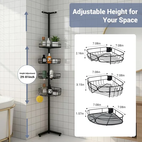 Miniatura 5 de Organizador de ducha de pie, organizador de baño de altura ajustable de 4 niveles, poste de 6 secciones, estante de pie resistente para ducha, sin