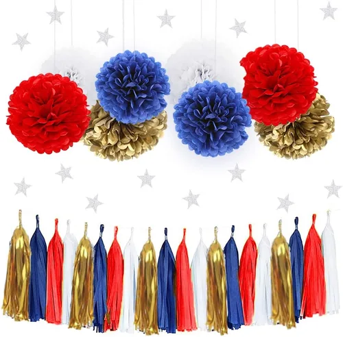 IGUO 30 pompones de papel de seda azul marino, rojo, blanco, dorado, suministros de fiesta náutica, estrellas centelleantes, guirnalda de papel para