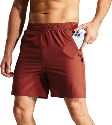 Miniatura 13 de MIER - Pantalones cortos de correr para hombre, de secado rápido, con bolsillo con cremallera, cintura elástica, pantalones cortos atléticos