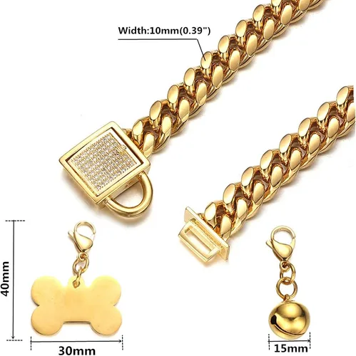Miniatura 2 de Collar plateado para perro, collar de cadena de eslabones cubanos con hebilla de circonita, etiqueta de identificación y campana, a prueba
