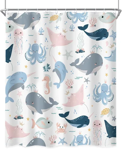 Miniatura 8 de Riyidecor Cortina de ducha para niños, 60 pulgadas de ancho x 72 pulgadas de alto, ballena oceánica, dibujos animados, animal, pulpo, medusa, vida