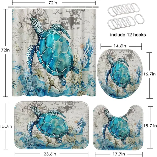 Miniatura 2 de Arttown Juego de baño azul marino con cortina de ducha y accesorios de alfombras, cortinas de ducha azul tortuga y gris, decoración de baño náutica