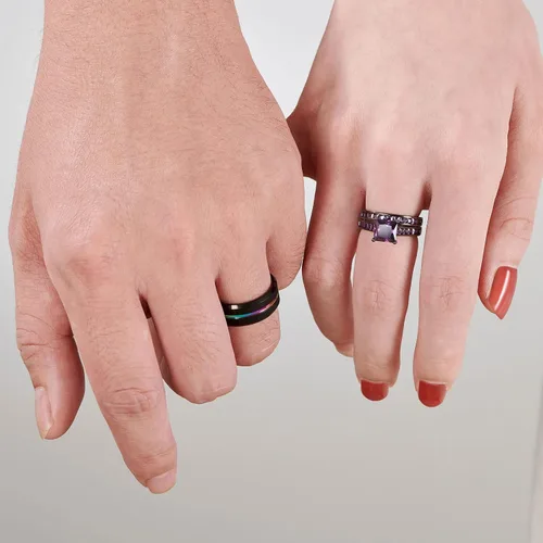 Miniatura 4 de Sheloves - Anillos de boda chapados en negro para parejas y mujeres, juego de anillos de boda de tungsteno para hombre y mujer