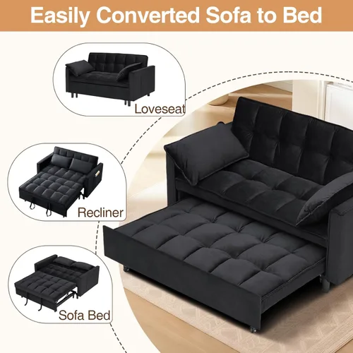 Miniatura 5 de CAPCAEK - Sofá cama convertible 3 en 1, sofá biplaza de terciopelo moderno con cama extraíble, sofá de salón pequeño con respaldo reclinable, negro