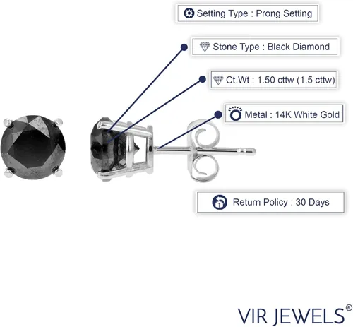 Miniatura 4 de Aretes de tuerca de diamante negro de 12 ct a 2 ct en oro de 14 quilates, oro blanco, FD9S1.50BLRW