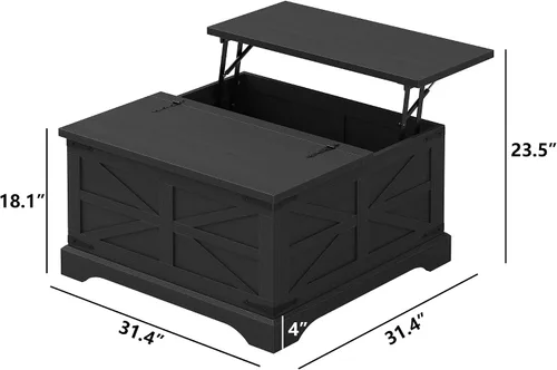 Miniatura 2 de Furnideco - Mesa de centro de granja con superficie elevable, mesa central cuadrada de madera con gran compartimento de almacenamiento oculto