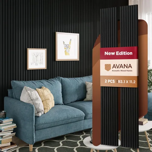 Miniatura 16 de Avana Paneles de pared de madera acústica de 94.4 x 12.6 pulgadas, 2 piezas de paneles acústicos de roble negro, paneles de pared para decoración