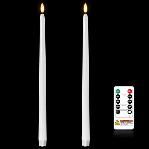 Homemory Velas cónicas sin llama de cera real de 15 pulgadas con temporizador remoto, 2 velas LED blancas que funcionan con pilas con llama