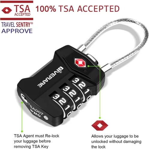 Miniatura 4 de 2 unidades de candados para equipaje de viaje aprobados por la TSA, candado de combinación por cable de aleación, candados sin llave de 3 dígitos