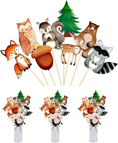 Centros de mesa de baby shower Woodland – 8 piezas de decoración de animales del bosque con zorro, ciervo, búho, oso, ardilla y mapache para