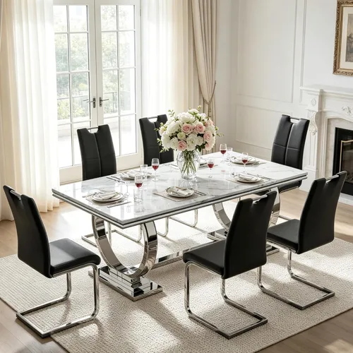 Miniatura 13 de Juego de mesa de comedor de mármol para 4, mesa de cocina rectangular de mármol blanco de 70 pulgadas con base en O de acero inoxidable dorado