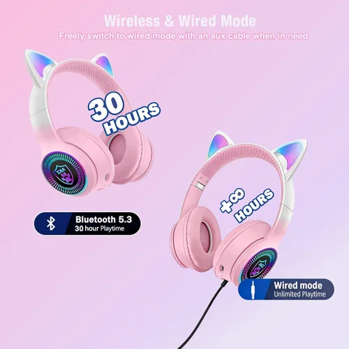 Miniatura 3 de Auriculares plegables inalámbricos Bluetooth 5.1 con luz LED, VIGROS estéreo, música, sonido envolvente con micrófono AUX para PC, pad, móvil