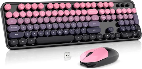 Miniatura 16 de MOWUX - Combo de teclado y mouse inalámbricos, máquina de escribir de tamaño completo, retro, redondo, lindo mouse óptico inalámbrico, Plug and Azul